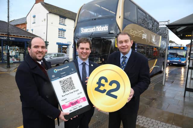 Buses minister Richard Holden MP, Mark Whitelocks (MD Stagecoach Midlands), MP for Kettering Philip Hollobone at the bus fare launch