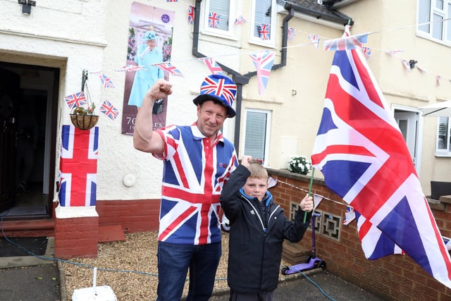 Gretton, Kirby Road, l-r dad Spencer Nicholls and Malloy Nicholls, 7,  Queen's Platinum Jubilee, street party and celebration