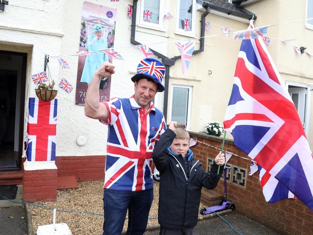 Gretton, Kirby Road, l-r dad Spencer Nicholls and Malloy Nicholls, 7, Queen's Platinum Jubilee, street party and celebration