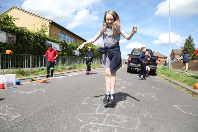 Pupils used chalk to play hopscotch