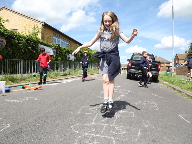 Pupils used chalk to play hopscotch