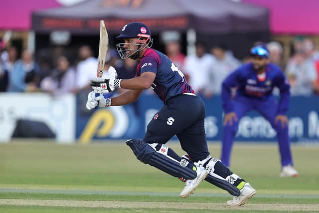 Saif Zaib takes a quick run during the T20 Tour match between the Steelbacks and and India at the County Ground. Pictures by David Rogers/Getty Images
