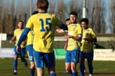 Wellingborough Town's players celebrate after Joey Evans scores their fourth goal against Bourne (Picture: Rob Webb)