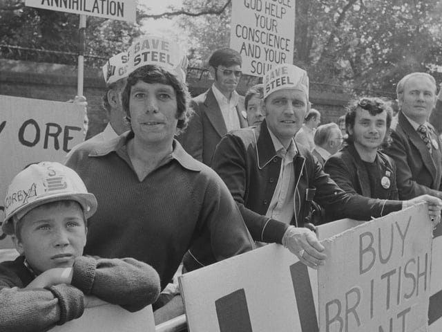 Corby's steel workers demonstration, UK, 12th July 1979.(Photo by Evening Standard/Hulton Archive/Getty Images)