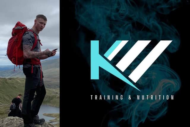 Kelsey, pictured when he went climbing with his brother last year, and his KW business logo which will be continued for his foundation