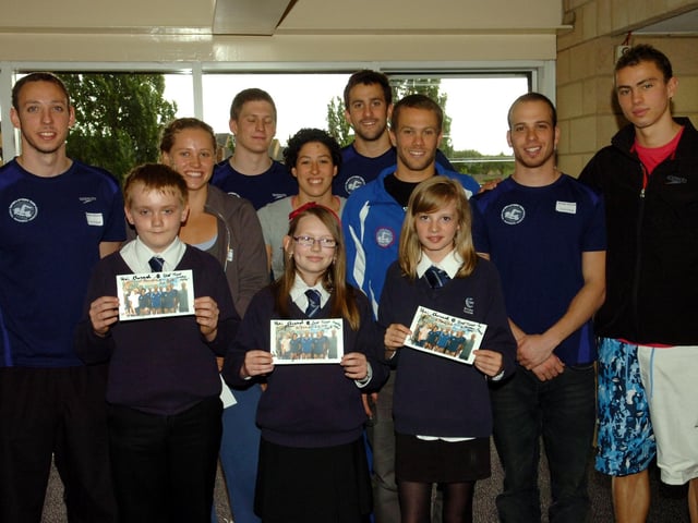 The Isreali Olympic swimming team with Laura Keenan, Luke Hallam, and Mollie Waite on a visit to Brooke Weston in 2011