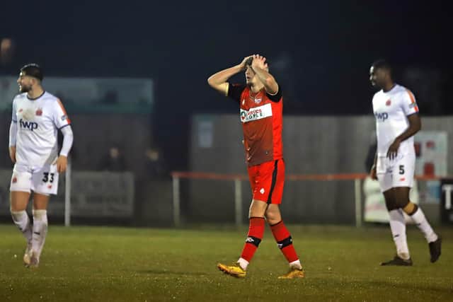 Keaton Ward holds his head after his second-half effort went just wide in Kettering Town's goalless draw with AFC Fylde. Pictures by Peter Short