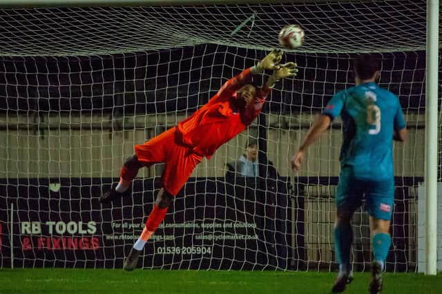 Corby goalkeeper Milao Perott makes a crucial save with the score at 0-0 (Picture: Jim Darrah)