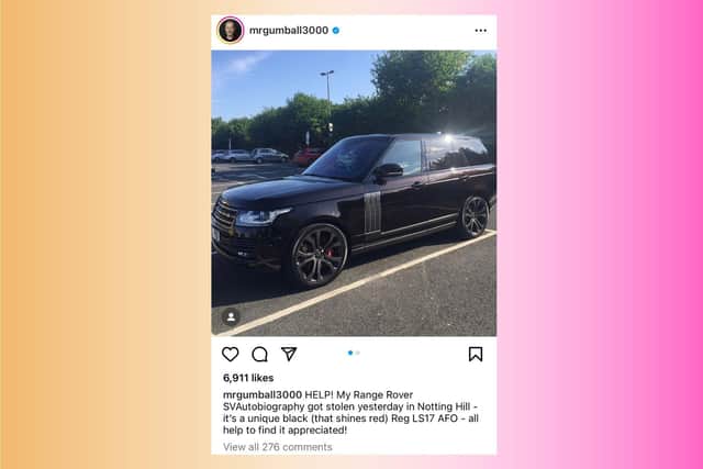 Jurors were shown a social media post by the victim of the stolen Range Rover. Image: Instagram.