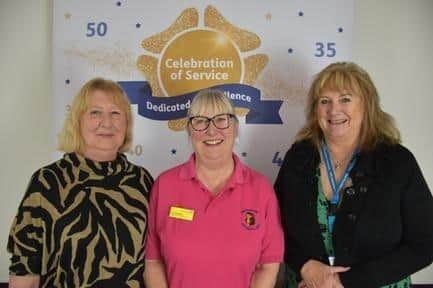 L-R Darryll Lutter (50+), Sue Faulkner, (45+) and Jane O'Callaghan (50+) years of service.