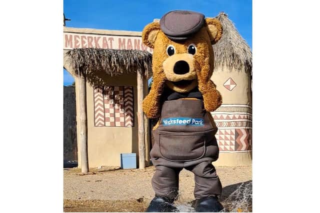 Wicky Bear, Wicksteed Park's mascot practising for the 10th annual World Puddle Jumping Championships