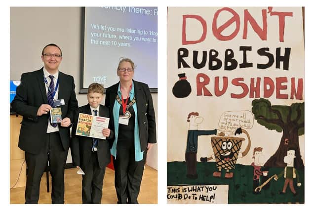 Samuel being presented a certificate from the mayor and his winning entry (right)