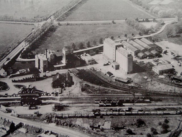 Wellingborough Walks and Embankment - Whitworths Mill late 1950's showing the mill, Wellingborough London Road Station where the A45 now goes along the path of the old railway line and where Tesco was built