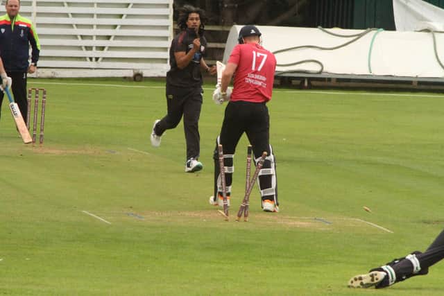 Tashwin Lukas takes one of his six wickets for Brigstock