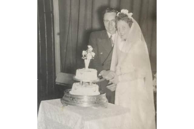 Jimmy and Mary on their wedding day, with Mary's dress made using material from her husband's parachute