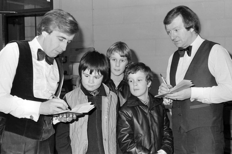 1982 Terry Griffiths and Dennis Taylor  at a charity snooker event