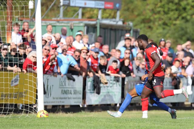 Michael Gyasi makes sure the ball goes over the line to make it 4-0 (Picture: Peter Short)