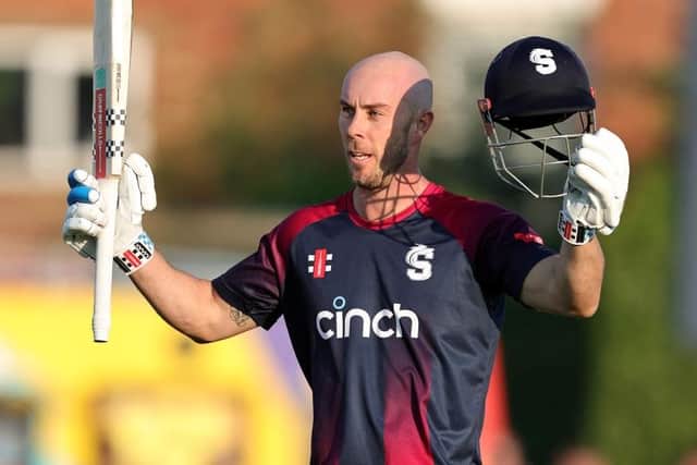 Chris Lynn celebrates scoring his century for the Steelbacks against Leicestershire Foxes in June