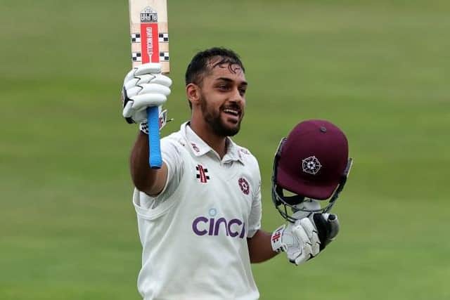 Saif Zaib celebrates scoring his century against Surrey last Sepember
