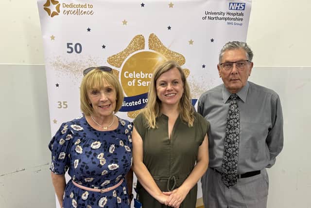 Maureen Lavin and David Knight pictured with UHN Chief Executive Laura Churchward have both served KGH for more than 45 years./KGH