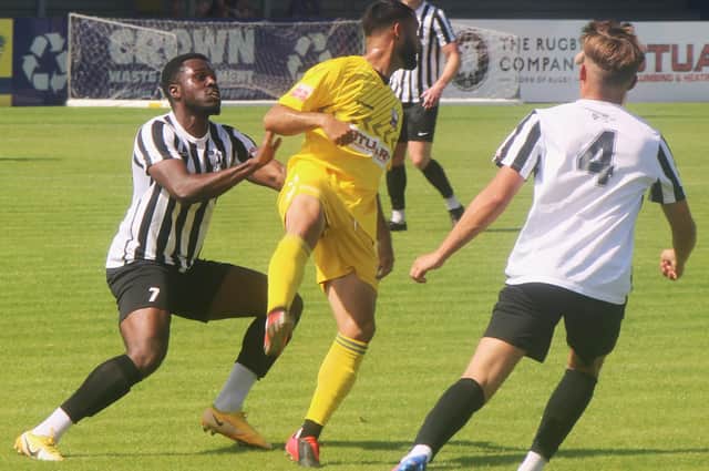 Action from Corby Town's 1-1 pre-season friendly draw at Nuneaton Borough. Picture by David Tilley