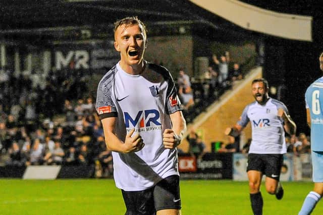 Dan Collins shows his delight after he headed home Corby Town's equaliser against Cambridge City. Picture by Jim Darrah