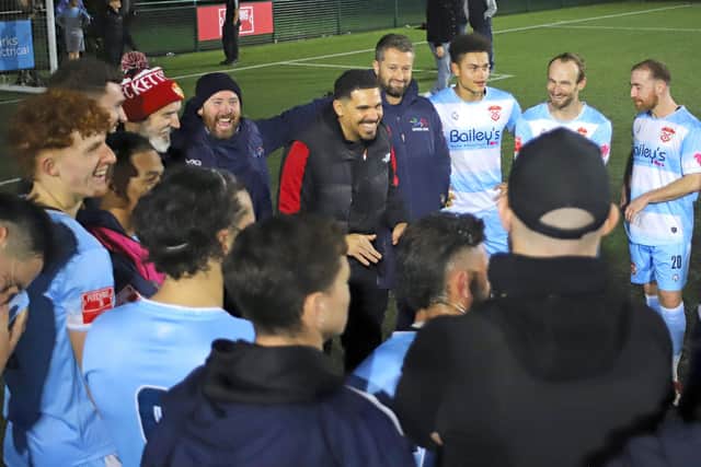A happy Liam McDonald chats to his players at the end of the win over Quorn (Picture: Peter Short)