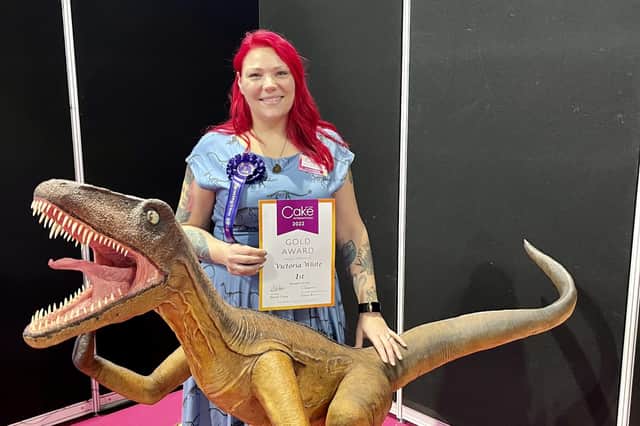 Victoria White of Rushden with her award-winning dinosaur