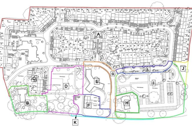 Initial outline plans for the whole Rushden hospital site, granted in 2012. The plot of land in the bottom right corner (I and J) was never delivered and makes up the site for the new application.Credit: Northamptonshire Healthcare NHS Foundation T