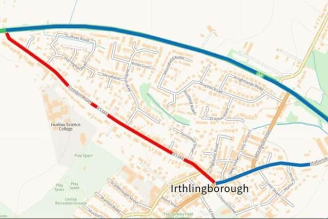 This map shows the road closure in red and the diversion in blue