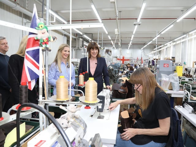 Rachel Reeves Shadow Chancellor visits Kettering Morrisons and Cheaney Shoes in Desborough with her sister Ellie Reeves and candidate Rosie Wrighting:Rachel Reeves in Kettering and Desborough