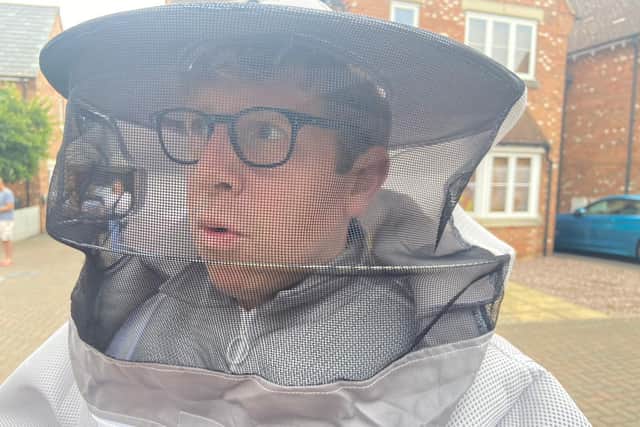 Josh Widdicombe in his beekeeper outfit, in Mawsley