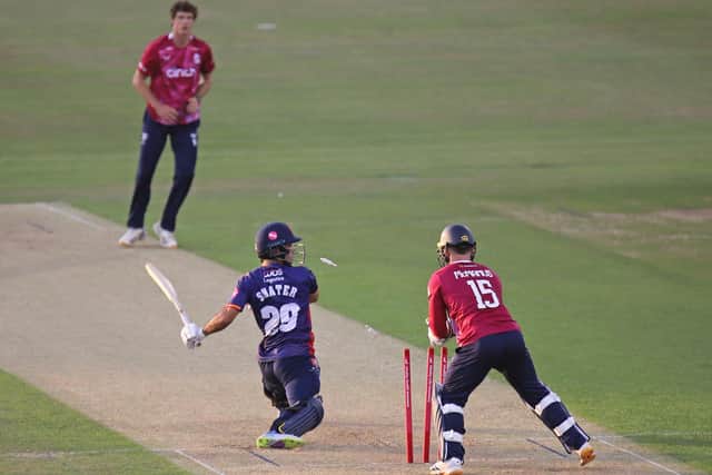 Lewis McManus stumps Shane Snater off the bowling of Calvin Harrison (Picture: Peter Short)