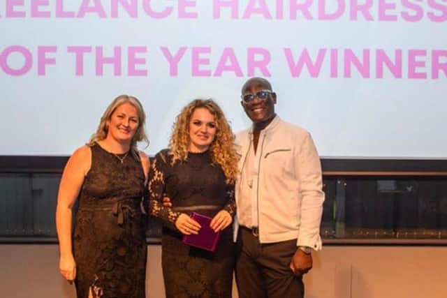 L-R: Salon Awards founder Kate Jeffery, Toni Colgan and Errol Douglas MBE