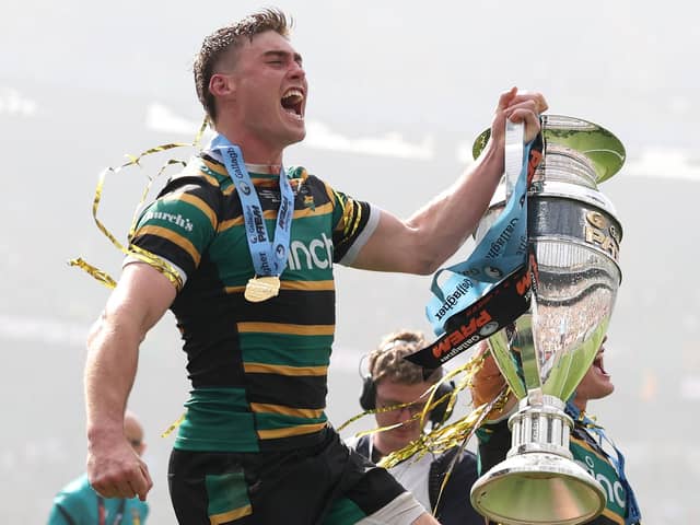 Tommy Freeman helped Saints lift the Gallagher PREM trophy in June (photo by Peter Nicholls/Getty Images)
