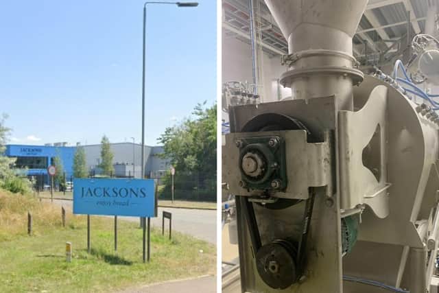 The worker caught a finger in the pully on a flour sifter machine (right)