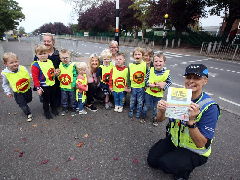 PCSO Margaret Lawson, Early Intervention Officer, talking to children at Pen Green Nursery about road safety in 2017.