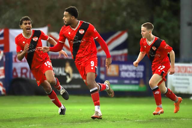 Tyrone Lewthwaite celebrates firing Kettering into a 1-0 lead at Halesowen (Picture: Peter Short)