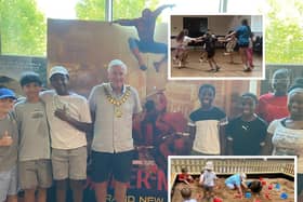 Mayor Cllr Steve O’Brien with youngsters at the Savoy Cinema in Corby (main) and other activities being enjoyed as part of the summer initiative by Corby Town Council (insets)