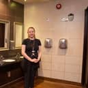 Shift leader Chloe Summerlin in the ladies toilets at The Earl of Dalkeith, Kettering