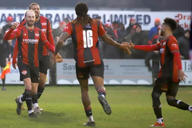 Kettering Town's players celebrate Isiah Noel-Williams' goal against Barwell on Saturday (Picture: Peter Short)