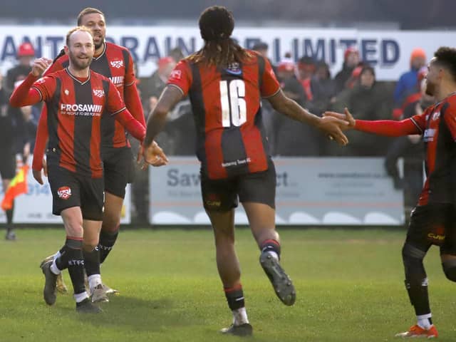 Kettering Town's players celebrate Isiah Noel-Williams' goal against Barwell on Saturday (Picture: Peter Short)