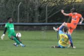 Jordon Crawford fires home Corby Town's consolation at Carlton Town (Picture: David Tilley)