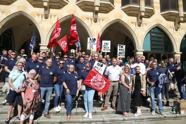 Members of the FBU protested outside the meeting held at the Guildhall in Northampton