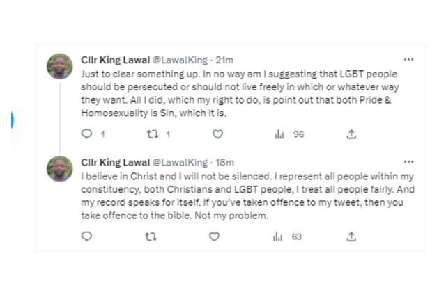 Cllr Lawal later clarified his initial tweet with two follow-ups
