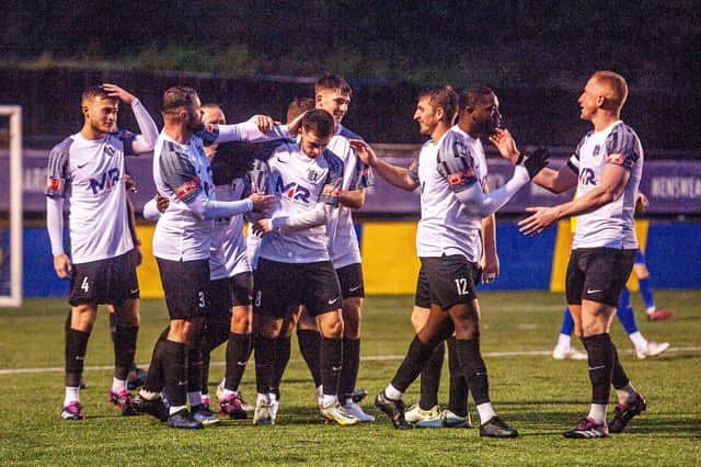Corby Town celebrate one of their goals in Saturday's 6-0 win at Sporting Khalsa (Picture: Jim Darrah)