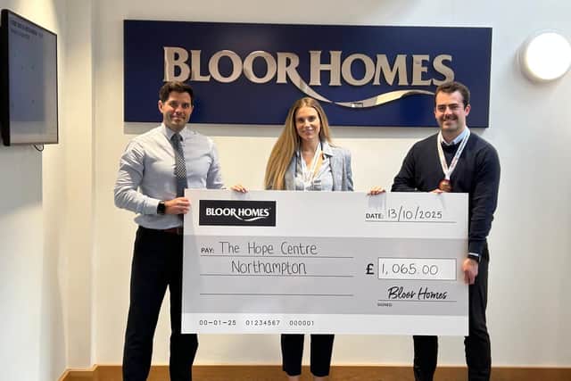 (Main image) Left to right: Bloor Homes Midlands’ Contracts Manager - Jason Hart, Strategic Planning Manager - Katie Coles, and Assistant Surveyor James Cockroft have raised £1065 for the Hope Centre which provides support to those facing poverty and homelessness across Northampton