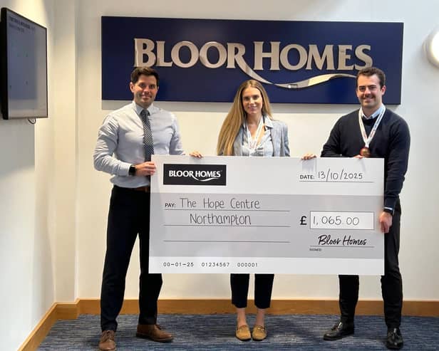 (Main image) Left to right: Bloor Homes Midlands’ Contracts Manager - Jason Hart, Strategic Planning Manager - Katie Coles, and Assistant Surveyor James Cockroft have raised £1065 for the Hope Centre which provides support to those facing poverty and homelessness across Northampton
