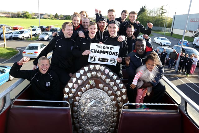 Victory Parade: Corby: Corby Town FC open top bus parade from Steel Park to the Corby Cube. May 2015