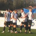 Corby Town's players celebrate after Reuben Marshall's strike had fired them into a 3-0 lead over Coventry Sphinx (Picture David Tilley)